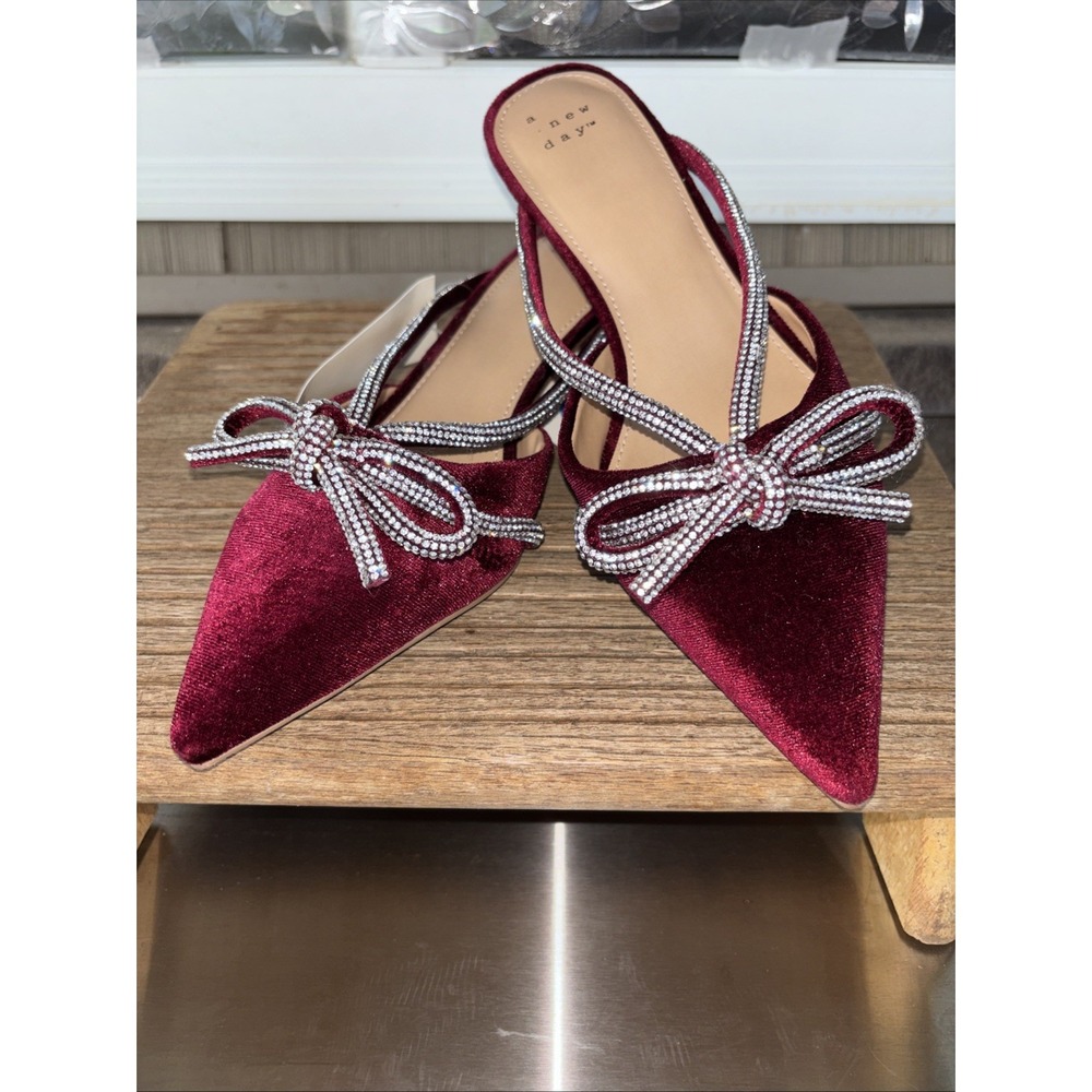 A New Day Rhinestone Bow Mule Heels 94656737 Burgundy Red 7M